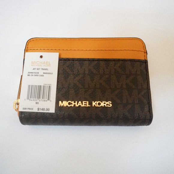 Michael Kors JST Card Case Wallet MK Brown Yellow - Picture 5 of 8